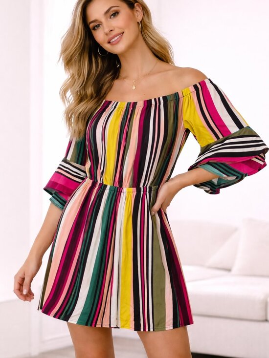 Express Pants - Express Off-Shoulder Multicolor Striped Romper Dress - Size Medium - NWT $59.95